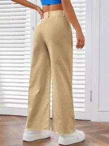 SHEIN EZwear 素色拉鏈門襟闊腿褲 - 卡其色 - 查看 2