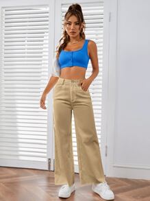 SHEIN EZwear 素色拉鏈門襟闊腿褲 - 卡其色 - 查看 3