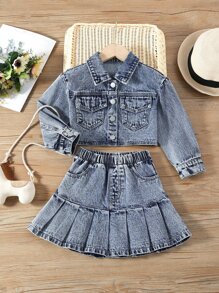 Young Girl Flap Pocket Denim Jacket & Ruffle Hem Skirt - Medium Wash - View 1