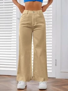 SHEIN EZwear 素色拉鏈門襟闊腿褲 - 卡其色 - 查看 4