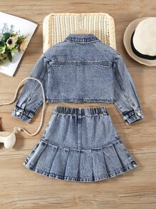 Young Girl Flap Pocket Denim Jacket & Ruffle Hem Skirt - Medium Wash - View 2