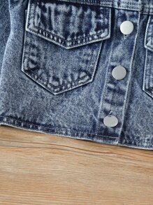 Young Girl Flap Pocket Denim Jacket & Ruffle Hem Skirt - Medium Wash - View 5