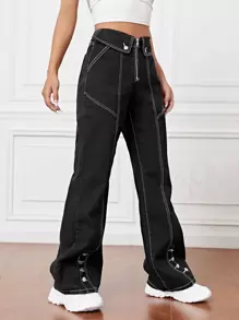 High Waist Zip Up Flare Leg Jeans - Black - View 1