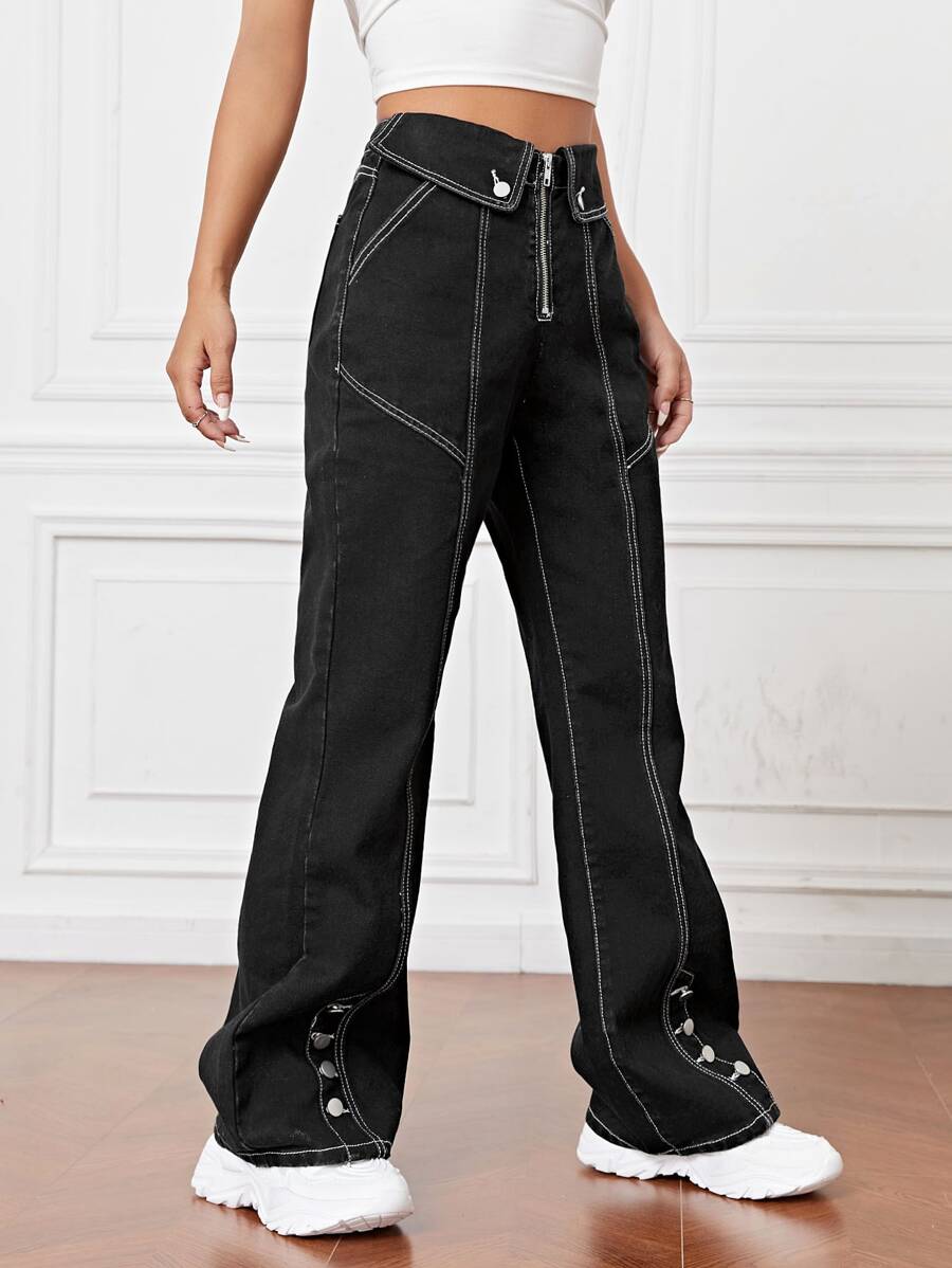 High Waist Zip Up Flare Leg Jeans - Black - View 1