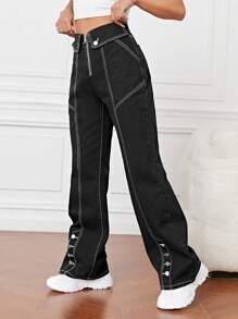 High Waist Zip Up Flare Leg Jeans - Black - View 6