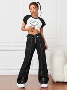 High Waist Zip Up Flare Leg Jeans - Black - View 2