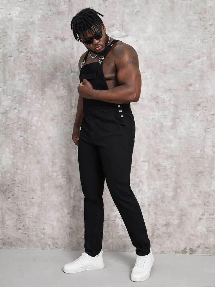 Manfinity VCAY גברים אוברול ג'ינס כותנה דמוי כיסים - שחור - ראה 3