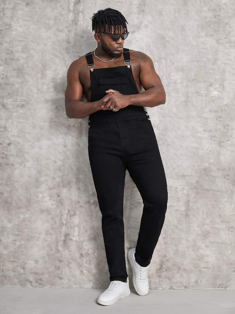 Manfinity VCAY גברים אוברול ג'ינס כותנה דמוי כיסים - שחור - ראה 4