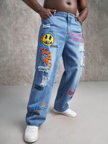GENTILAND Men Plus Cartoon & Letter Graphic Ripped Jeans - Medium Wash - View 1