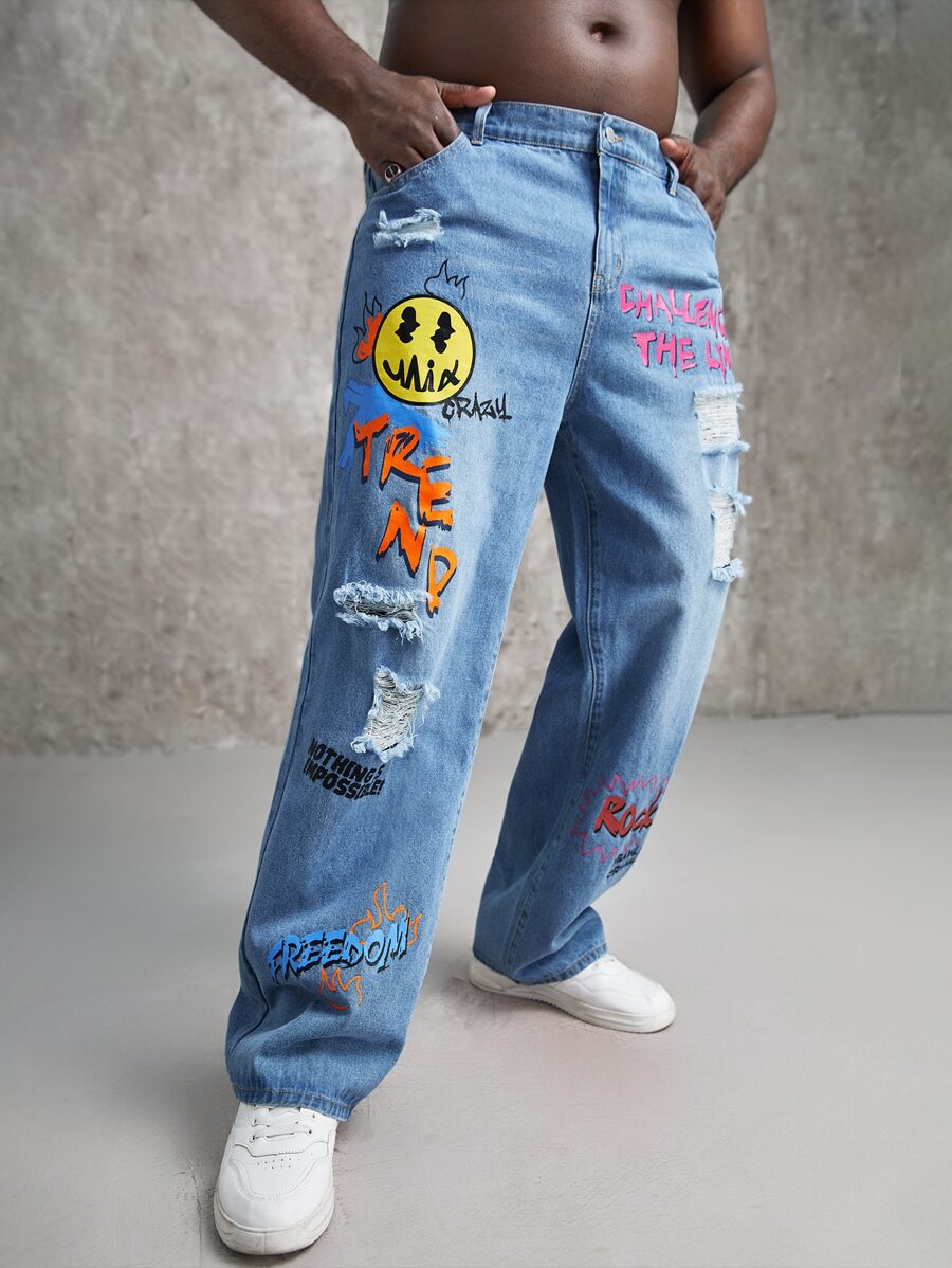 GENTILAND Men Plus Cartoon & Letter Graphic Ripped Jeans - Medium Wash - View 1
