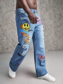 GENTILAND Men Plus Cartoon & Letter Graphic Ripped Jeans - Medium Wash - View 3