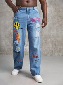 GENTILAND Men Plus Cartoon & Letter Graphic Ripped Jeans - Medium Wash - View 4