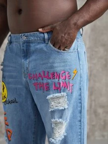 GENTILAND Men Plus Cartoon & Letter Graphic Ripped Jeans - Medium Wash - View 5