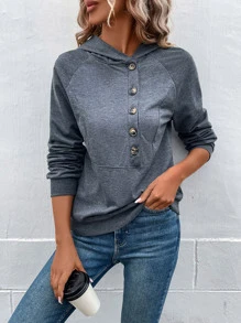 SHEIN LUNE Quần áo thể thao nữ Túi Nút phía trước màu trơn Giải trí - Màu xám đen - Xem 3