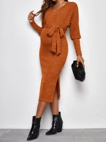 SHEIN Maternity Split Thigh Belted Dress - Ginger - View 1