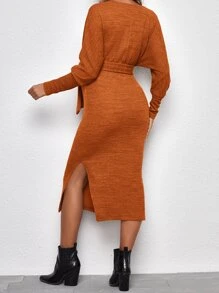 SHEIN Maternity Split Thigh Belted Dress - Ginger - View 2