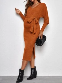 SHEIN Maternity Split Thigh Belted Dress - Ginger - View 4