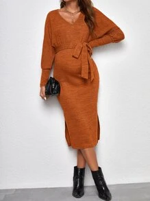 SHEIN Maternity Split Thigh Belted Dress - Ginger - View 5