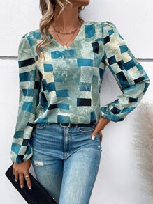 SHEIN LUNE Áo sơ mi nữ Hình học Giải trí - Màu xanh bạc hà - Xem 1