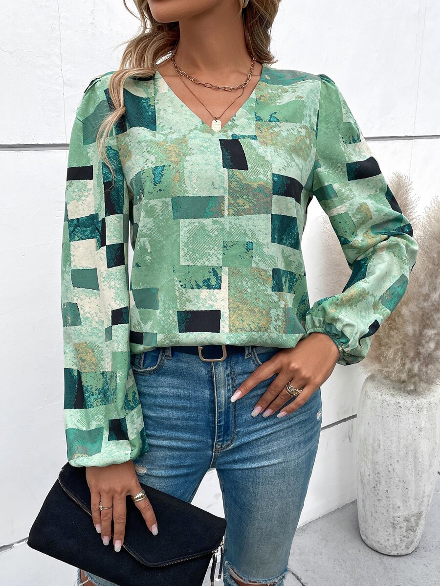 色塊拼接圖案燈籠袖襯衫 - 彩色 - 查看 1