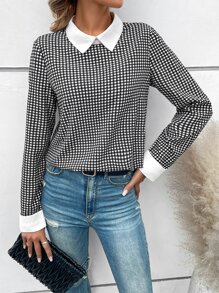 SHEIN LUNE Plaid Print Contrast Collar Blouse - Black and White - View 1