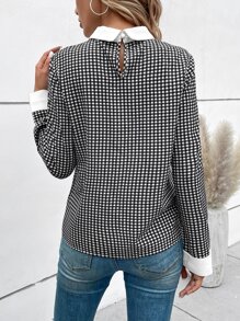 SHEIN LUNE Plaid Print Contrast Collar Blouse - Black and White - View 2