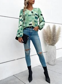 色塊拼接圖案燈籠袖襯衫 - 彩色 - 查看 4