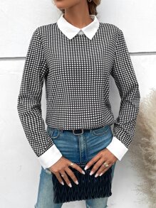 SHEIN LUNE Plaid Print Contrast Collar Blouse - Black and White - View 3