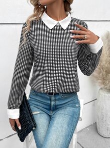 SHEIN LUNE Plaid Print Contrast Collar Blouse - Black and White - View 5