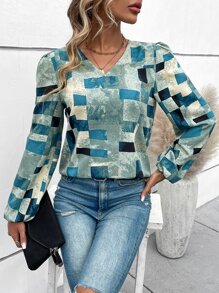 SHEIN LUNE Áo sơ mi nữ Hình học Giải trí - Màu xanh bạc hà - Xem 6