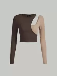 SHEIN MOD 撞色羅紋短款T恤 - 咖啡棕 - 查看 1