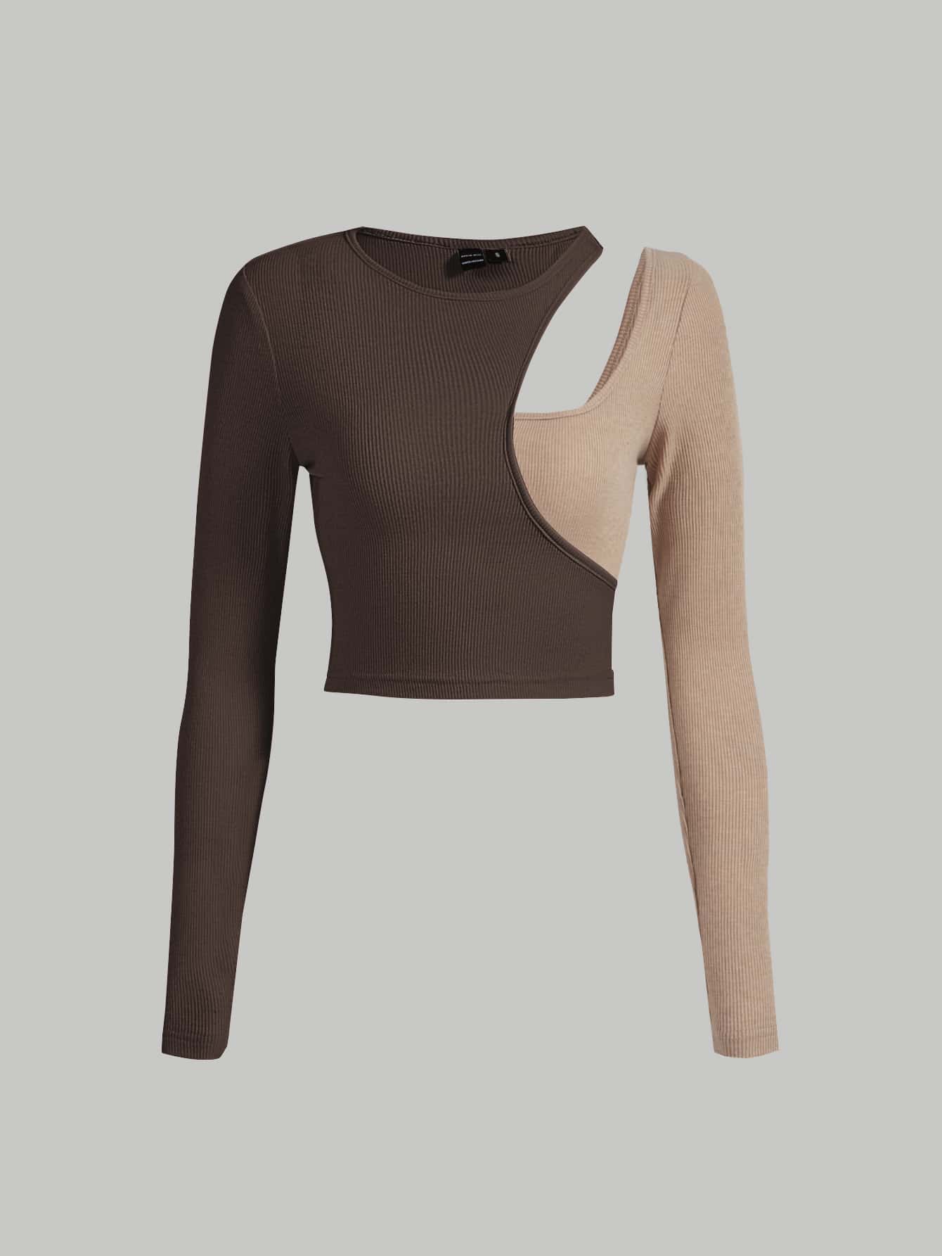 SHEIN MOD 撞色羅紋短款T恤 - 咖啡棕 - 查看 1