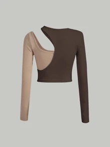 SHEIN MOD 撞色羅紋短款T恤 - 咖啡棕 - 查看 2