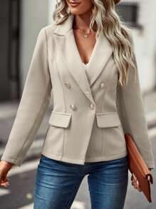 SHEIN Clasi Double Breasted Lapel Collar Blazer - Apricot - View 7