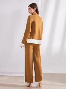Seusyu 落肩毛衣 & 针织裤 2 件套 - 薑色 - 查看 2