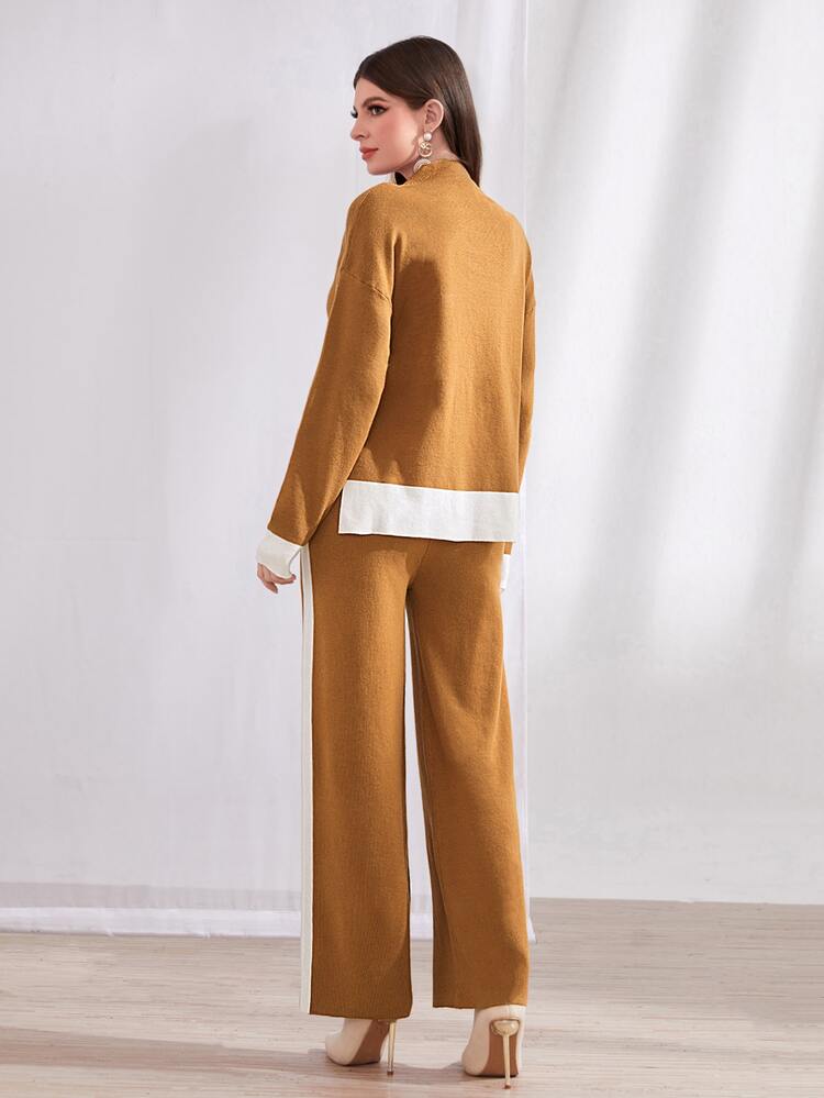 Drop Shoulder Sweater & Knit Pants 2 Piece Set Fall Cloth For Women