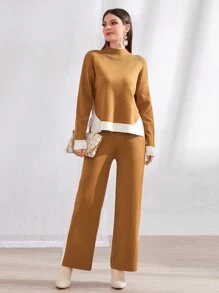 Seusyu 落肩毛衣 & 针织裤 2 件套 - 薑色 - 查看 3