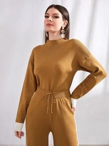 Seusyu 落肩毛衣 & 针织裤 2 件套 - 薑色 - 查看 5