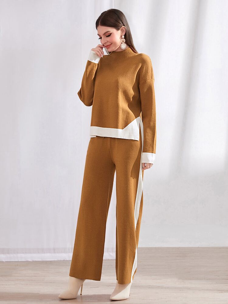 Drop Shoulder Sweater & Knit Pants 2 Piece Set Fall Cloth For Women