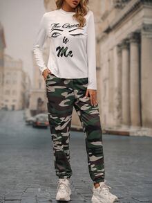 Slogan Graphic Tee & Camo Print Trousers - Multicolor - View 4