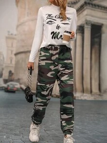Slogan Graphic Tee & Camo Print Trousers - Multicolor - View 5