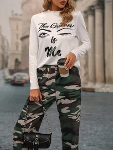 Slogan Graphic Tee & Camo Print Trousers - Multicolor - View 6