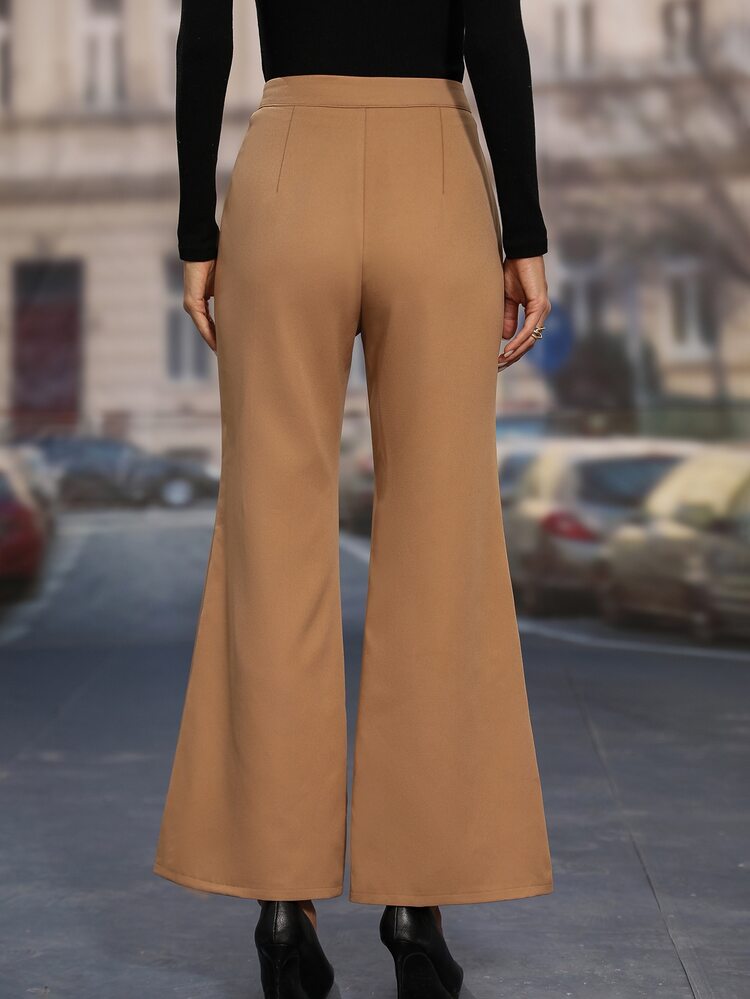 Quần nữ Dây kéo Nút màu trơn Giải trí - Màu Khaki - Xem 2
