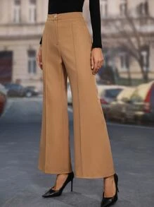High Waist Flare Leg Pants - Khaki - View 3