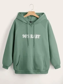 SHEIN Qutie Plus Letter Graphic Kangaroo Pocket Drawstring Hoodie - Mint Green - View 1