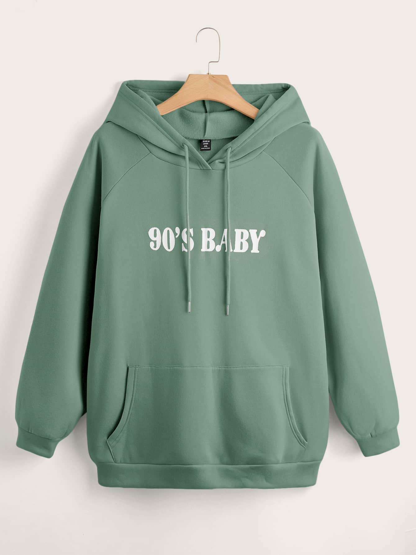 SHEIN Qutie Plus Letter Graphic Kangaroo Pocket Drawstring Hoodie - Mint Green - View 1