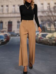 High Waist Flare Leg Pants - Khaki - View 5