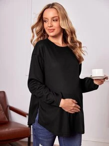 SHEIN 孕婦落肩袖羅紋針織T恤 - 黑色 - 查看 1