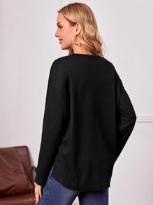 SHEIN 孕婦落肩袖羅紋針織T恤 - 黑色 - 查看 2