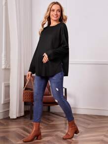 SHEIN 孕婦落肩袖羅紋針織T恤 - 黑色 - 查看 3